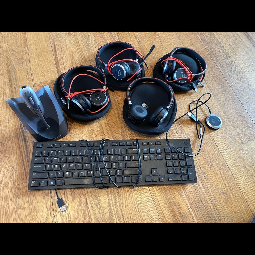 Four jabra headsets and one dell keyboard
